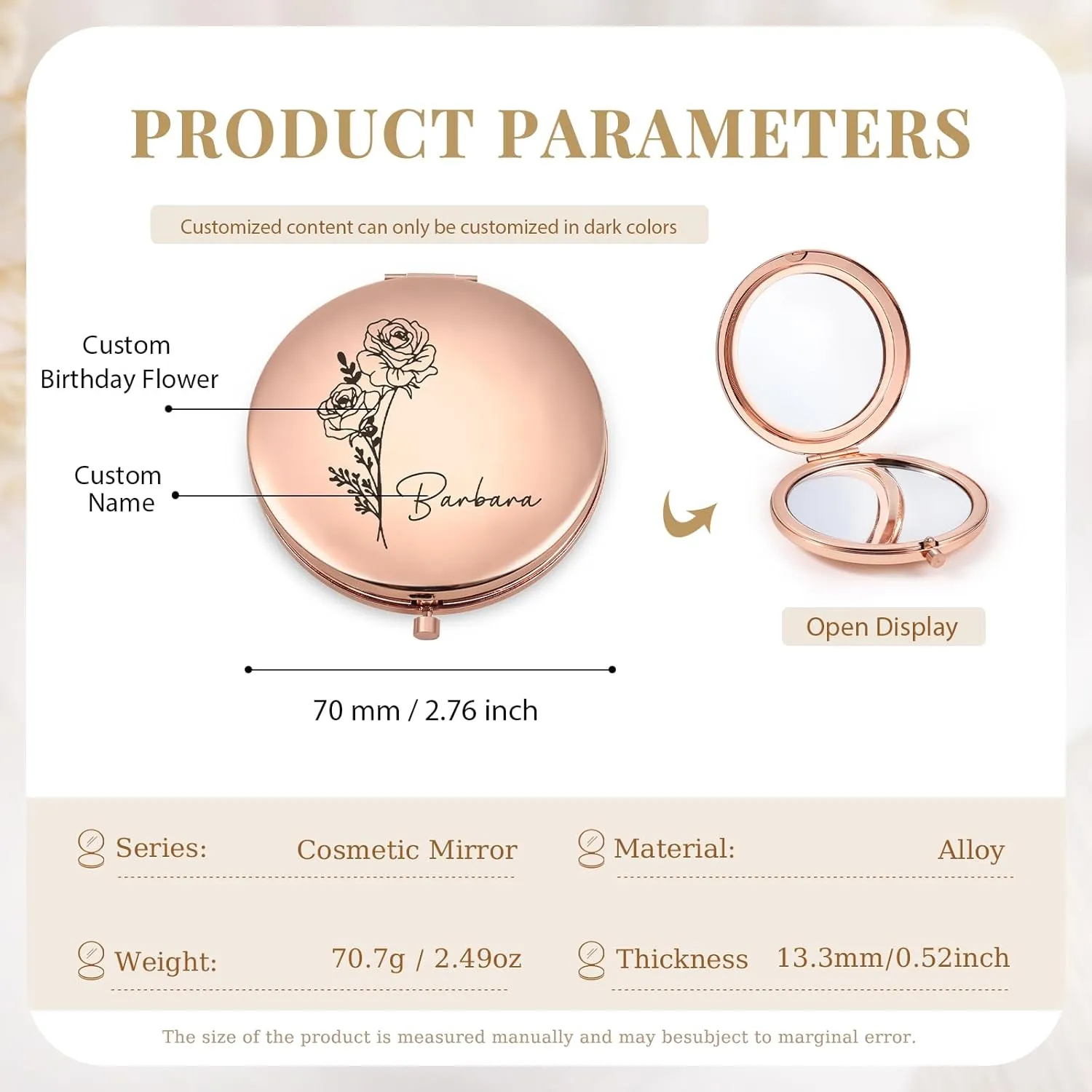 Personalized Compact Mirror for Women - Pocket Mirror for Women,Custom Birthflower Travel Makeup Mirror for Wife, Mom, Bridesmaid Gifts for Daughter Friend (Rose Gold)