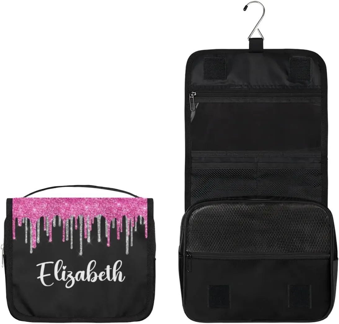 Personalized Gift Travel Makeup Bag Hanging Cosmetic Bag Make Up Bag Organizer Toiletry Bag for Women Girls Christmas Birthday Gift Silver Hot Pink Glitter Drips