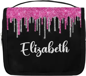 Personalized Gift Travel Makeup Bag Hanging Cosmetic Bag Make Up Bag Organizer Toiletry Bag for Women Girls Christmas Birthday Gift Silver Hot Pink Glitter Drips