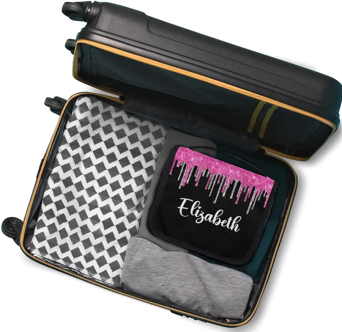Personalized Gift Travel Makeup Bag Hanging Cosmetic Bag Make Up Bag Organizer Toiletry Bag for Women Girls Christmas Birthday Gift Silver Hot Pink Glitter Drips
