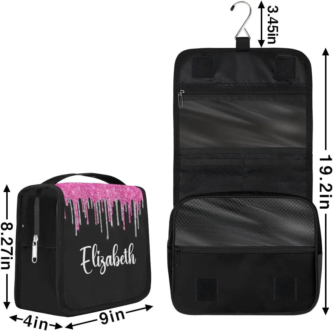 Personalized Gift Travel Makeup Bag Hanging Cosmetic Bag Make Up Bag Organizer Toiletry Bag for Women Girls Christmas Birthday Gift Silver Hot Pink Glitter Drips