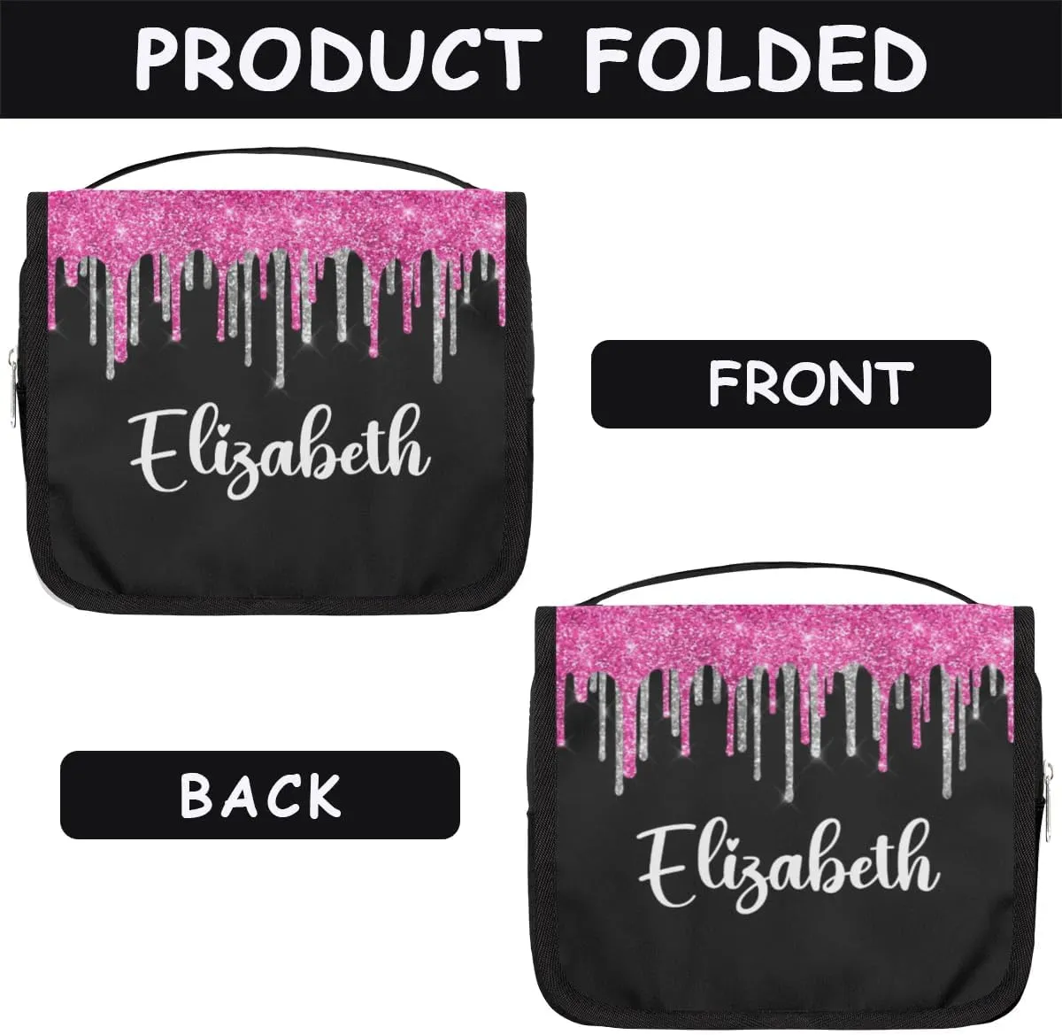 Personalized Gift Travel Makeup Bag Hanging Cosmetic Bag Make Up Bag Organizer Toiletry Bag for Women Girls Christmas Birthday Gift Silver Hot Pink Glitter Drips