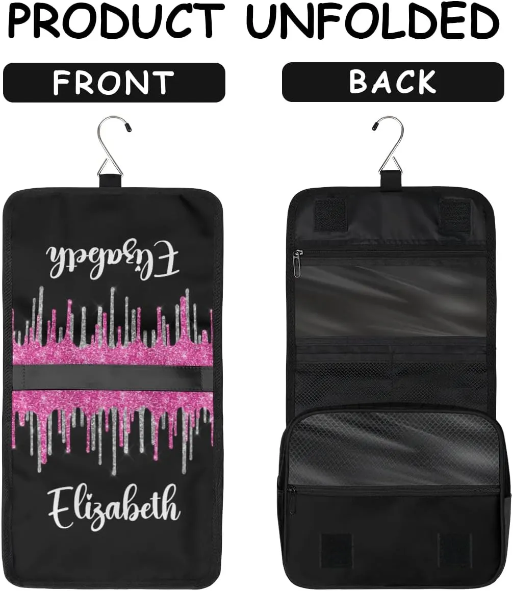 Personalized Gift Travel Makeup Bag Hanging Cosmetic Bag Make Up Bag Organizer Toiletry Bag for Women Girls Christmas Birthday Gift Silver Hot Pink Glitter Drips