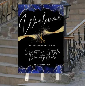 Personalized Grand Opening Party Supplies, Black Blue And Gold Grand Opening Welcome Sign, Launch Party Ribbon Cutting Ceremony Sign, Grand Opening Gift Ideas
