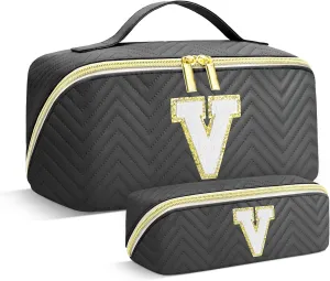 Personalized Initial Black Makeup Bag | Trendy Large Capacity Cosmetic Bags, Travel Toiletry Bag Teen Girls Women Girlfriend Teacher Gifts, Leather Waterproof Portable Make up Bags Organizer - V