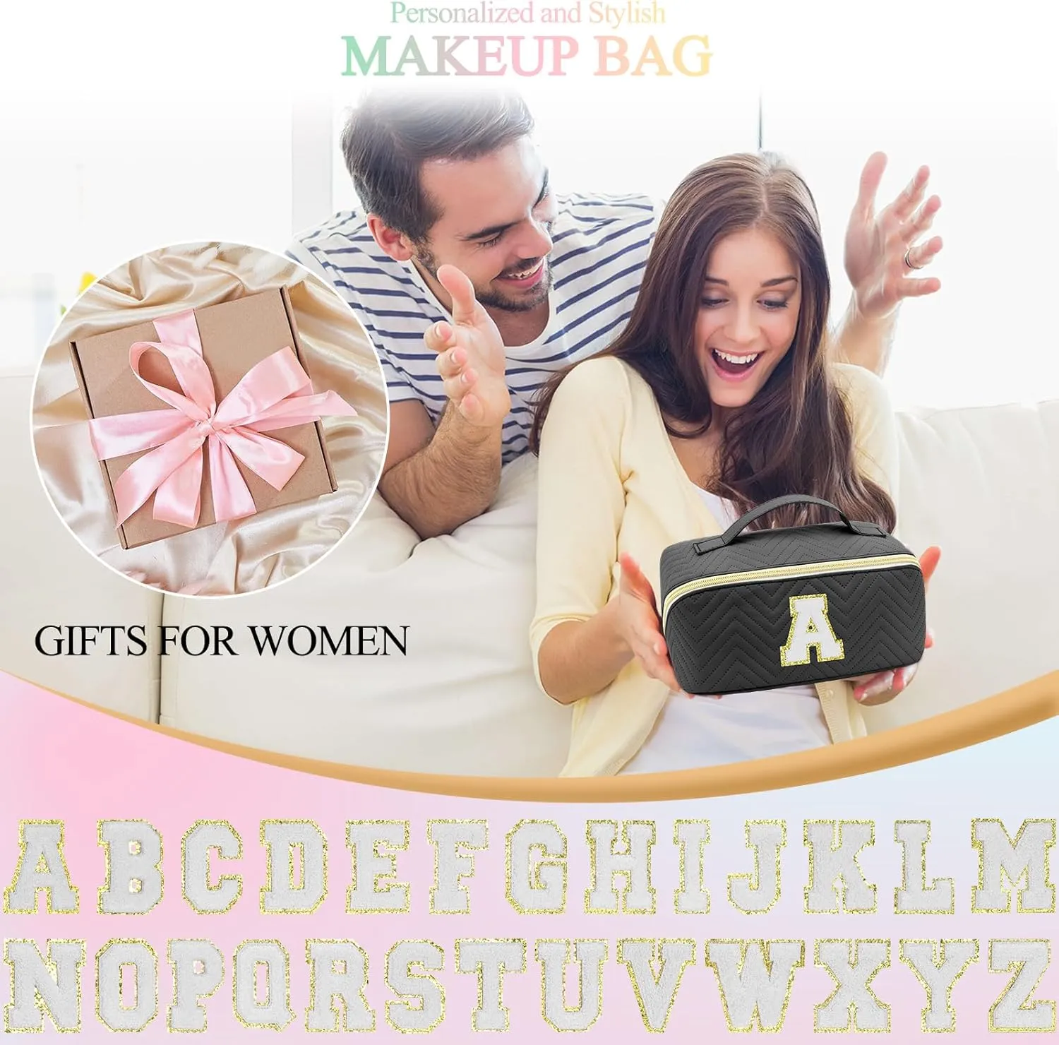 Personalized Initial Black Makeup Bag | Trendy Large Capacity Cosmetic Bags, Travel Toiletry Bag Teen Girls Women Girlfriend Teacher Gifts, Leather Waterproof Portable Make up Bags Organizer - V