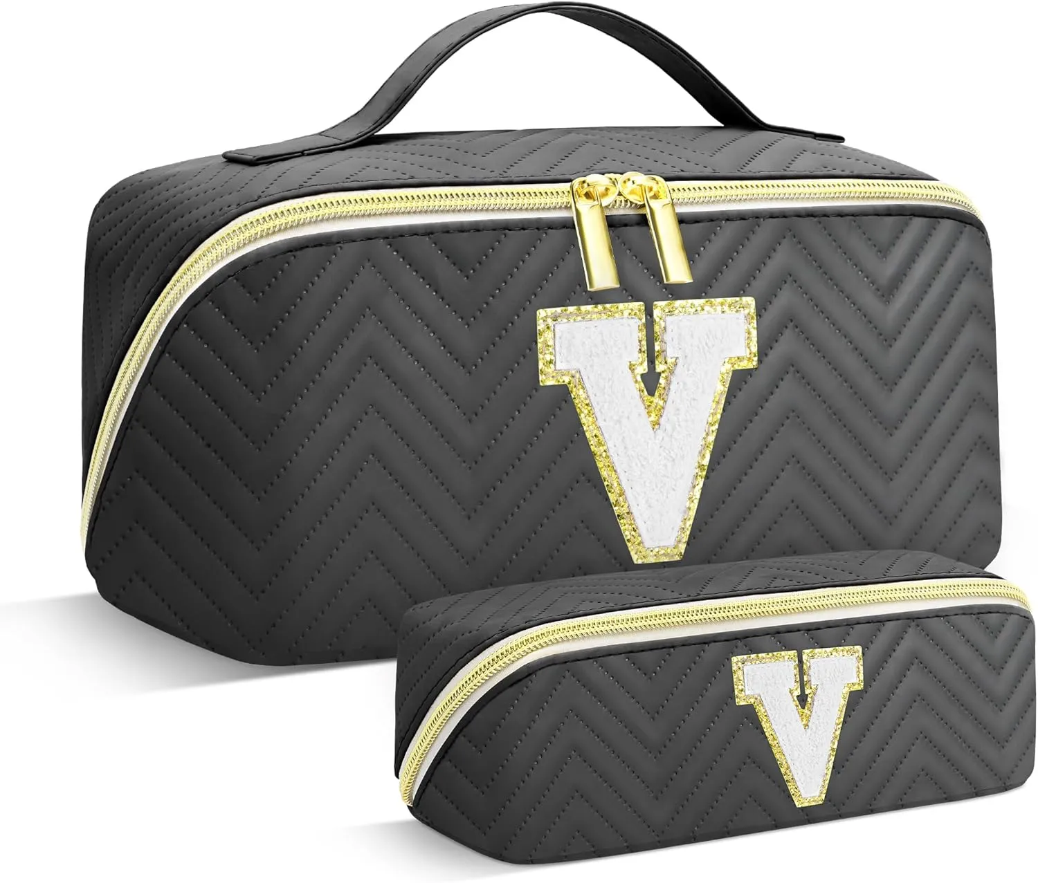 Personalized Initial Black Makeup Bag | Trendy Large Capacity Cosmetic Bags, Travel Toiletry Bag Teen Girls Women Girlfriend Teacher Gifts, Leather Waterproof Portable Make up Bags Organizer - V