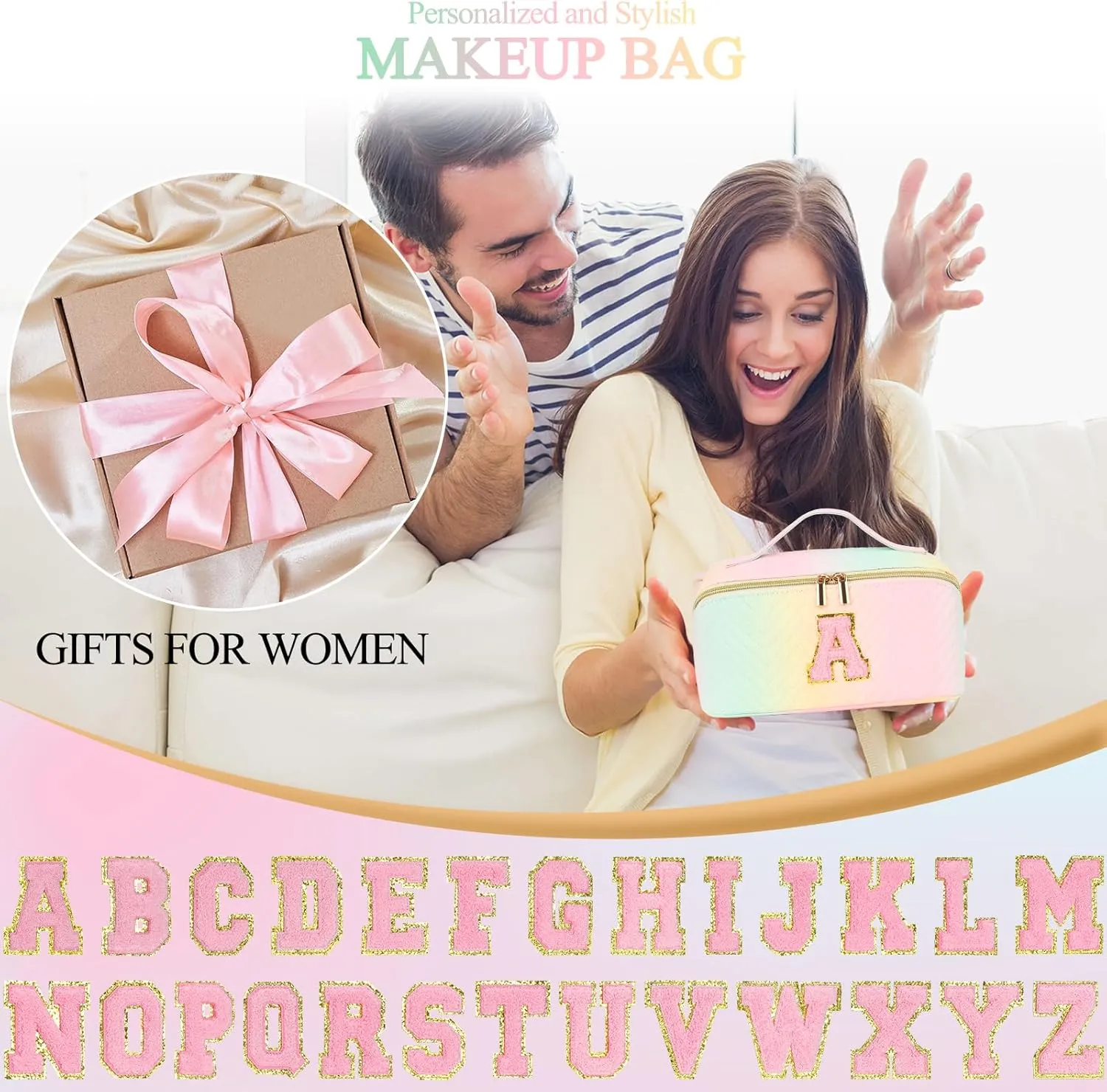 Personalized Initial Black Makeup Bag | Trendy Large Capacity Cosmetic Bags, Travel Toiletry Bag Teen Girls Women Girlfriend Teacher Gifts, Leather Waterproof Portable Make up Bags Organizer - V