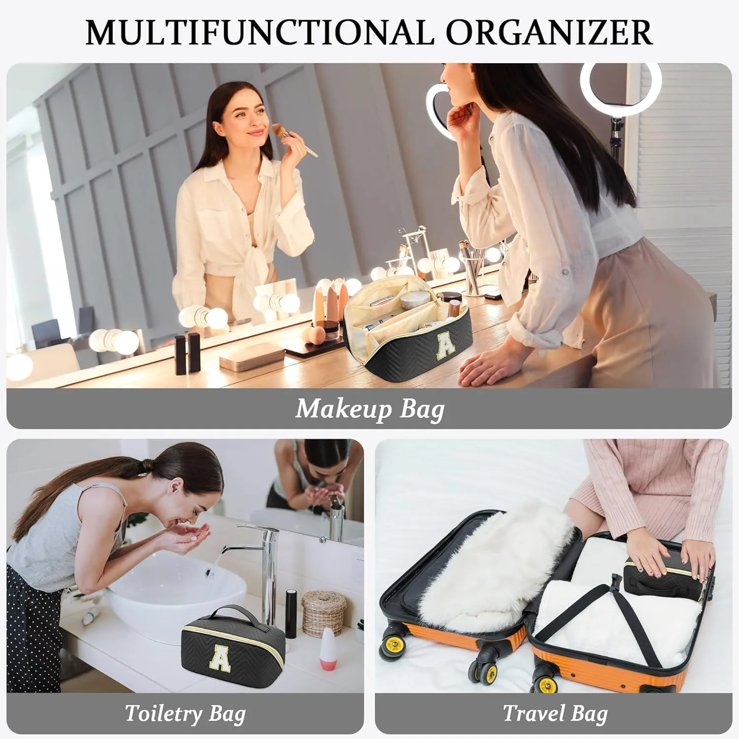 Personalized Initial Black Makeup Bag | Trendy Large Capacity Cosmetic Bags, Travel Toiletry Bag Teen Girls Women Girlfriend Teacher Gifts, Leather Waterproof Portable Make up Bags Organizer - V