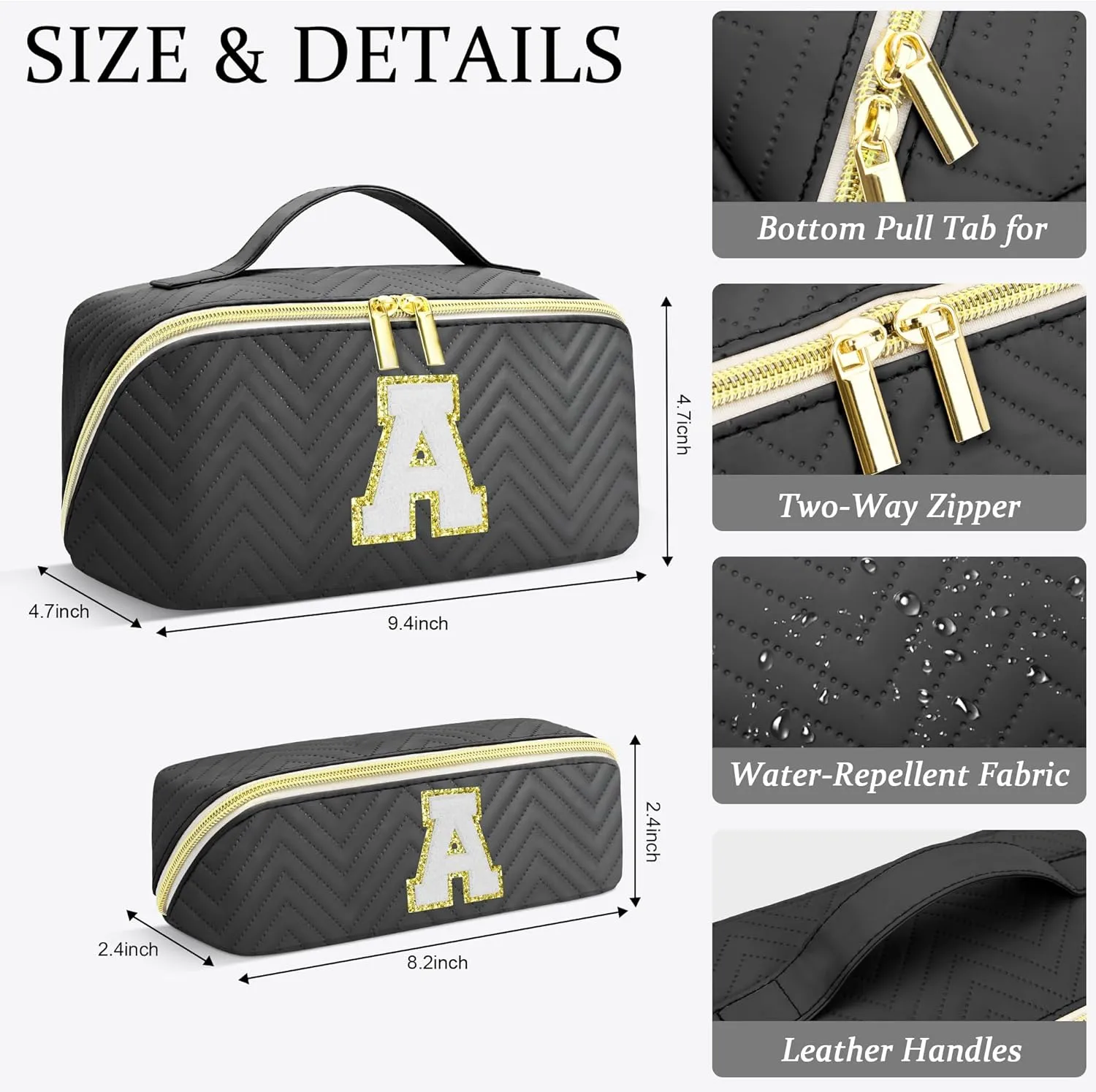 Personalized Initial Black Makeup Bag | Trendy Large Capacity Cosmetic Bags, Travel Toiletry Bag Teen Girls Women Girlfriend Teacher Gifts, Leather Waterproof Portable Make up Bags Organizer - V