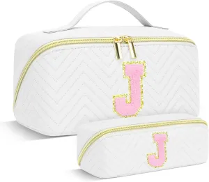 Personalized Initial Makeup Bag | Trendy Cosmetic Bags Travel Toiletry Bag for Teen Girls Women Girlfriend, mother's day/graduation/Birthday day Gifts Portable Make up Bag Leather Waterproof Organizer