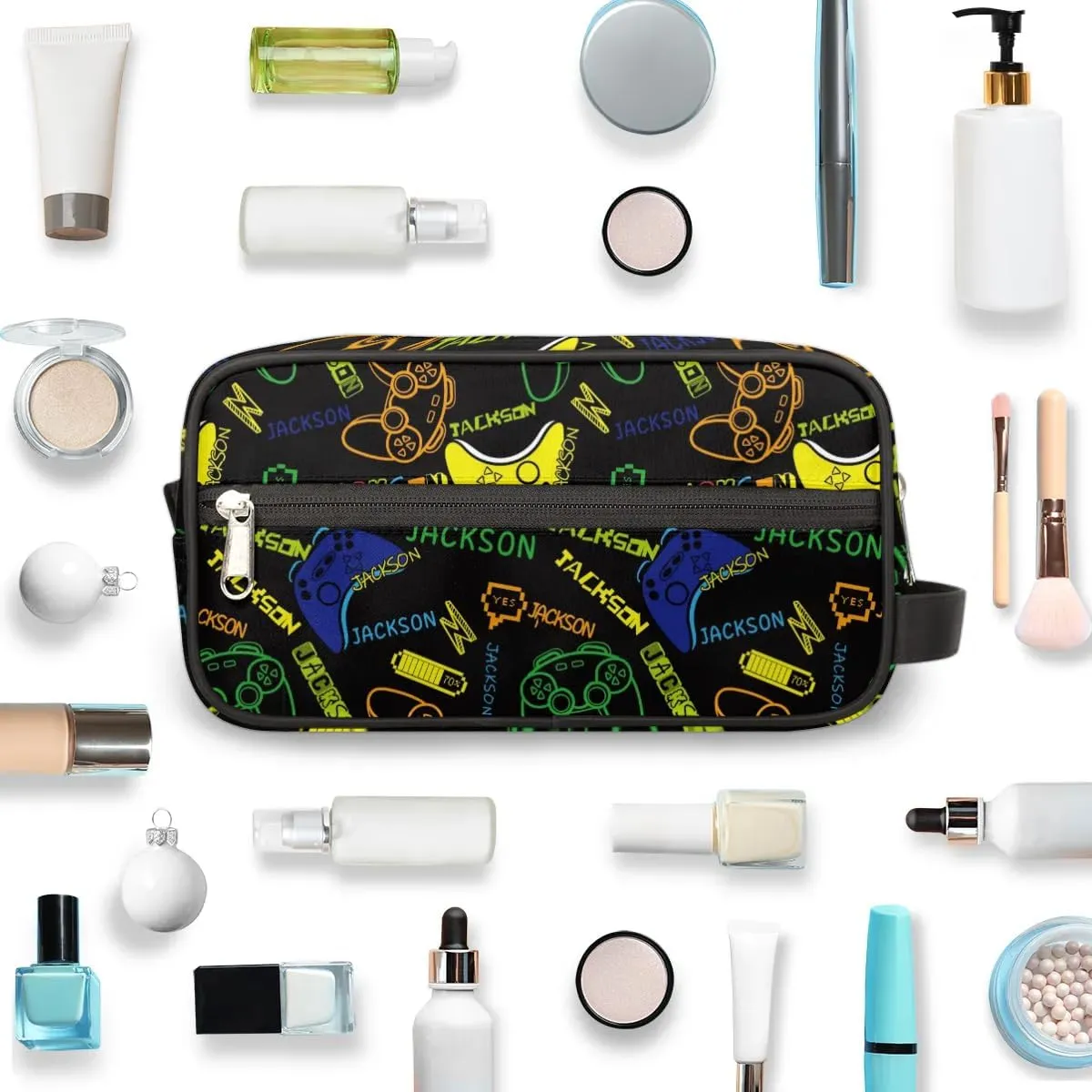 Personalized Toiletry Bag for Man Boy, Custom Cosmetic Bag Travel Makeup Bag Shaving Bag Make Up Bag Organizer Christmas Birthday Gift Game Colorful Pattern