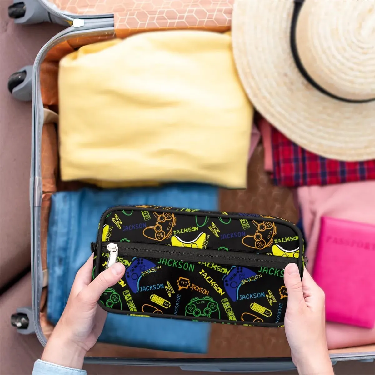 Personalized Toiletry Bag for Man Boy, Custom Cosmetic Bag Travel Makeup Bag Shaving Bag Make Up Bag Organizer Christmas Birthday Gift Game Colorful Pattern