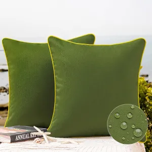 Phantoscope Pack of 2 Outdoor Waterproof Throw Pillow Covers with Contrast Piping, Decorative Square Cushion Case Patio Pillows for Couch Tent Sunbrella, Dark Green 20x20 inches