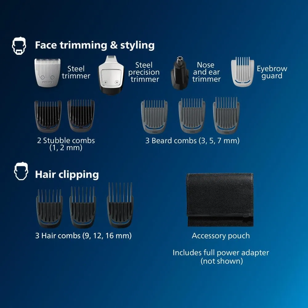 Philips Norelco Multigroom 3000 Series, All-in-One Trimmer, Beard Trimmer and Hair Clipper, 15-Piece Men's Grooming Kit for Head, Beard, Face, Nose, Ears, No Blade Oil Needed, Soft Pouch, MG3770/40