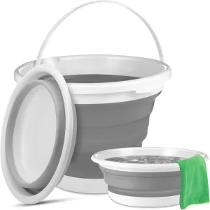 Pickmesh 2 Pack Collapsible Bucket Wash Basin Set 10l Cleaning Silicone Dust Mops Bucket with Handle and 3l Round Foldable Folding Dish Pans Portable Sink Basins for Kitchen Camping Travel Garden Gray