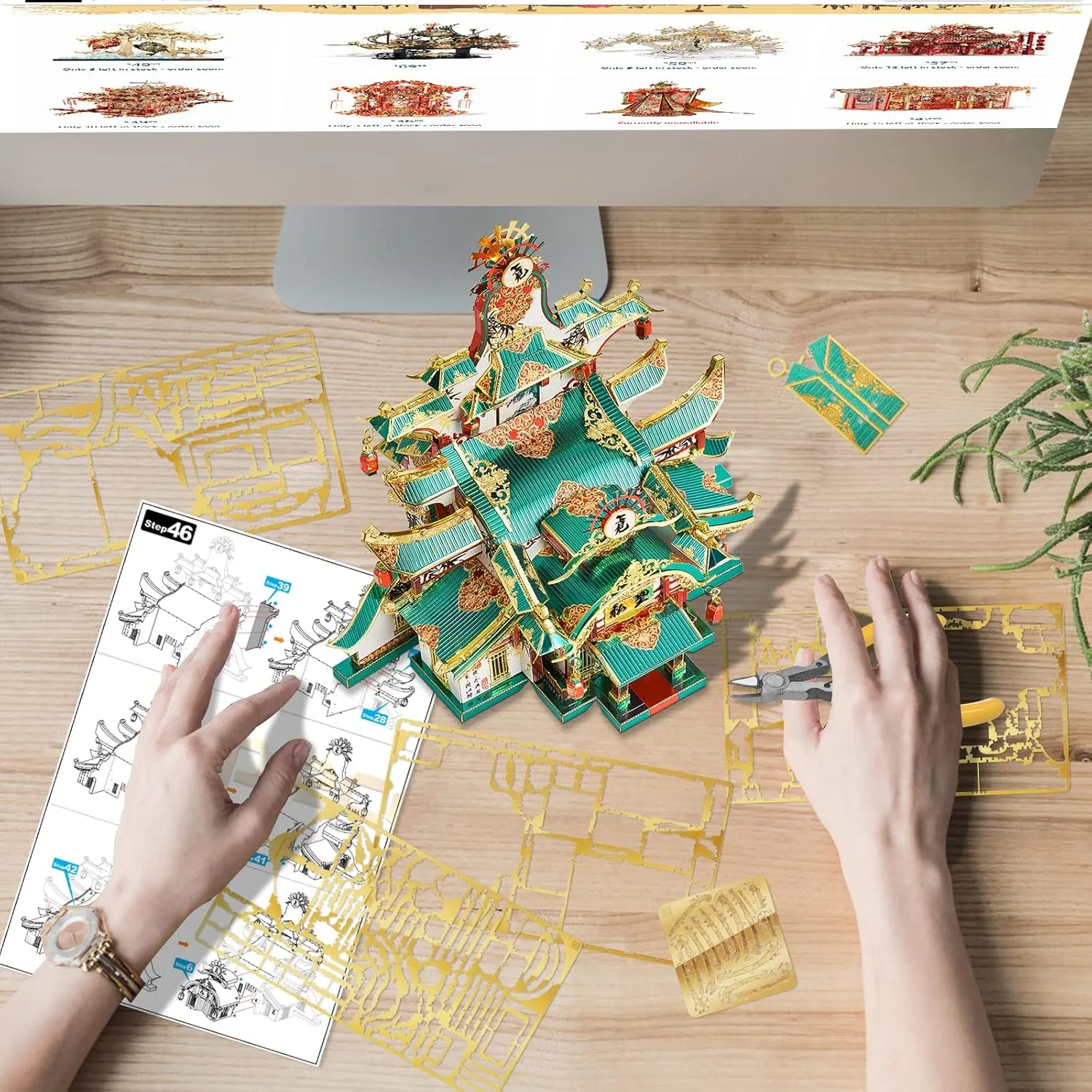 Piececool 3D Puzzles for Adults,Chinese Traditional Building Model Kits to Build for Teenagers Difficult 3D Metal Puzzle Educational Toys Gift Home Decor (White&Green)
