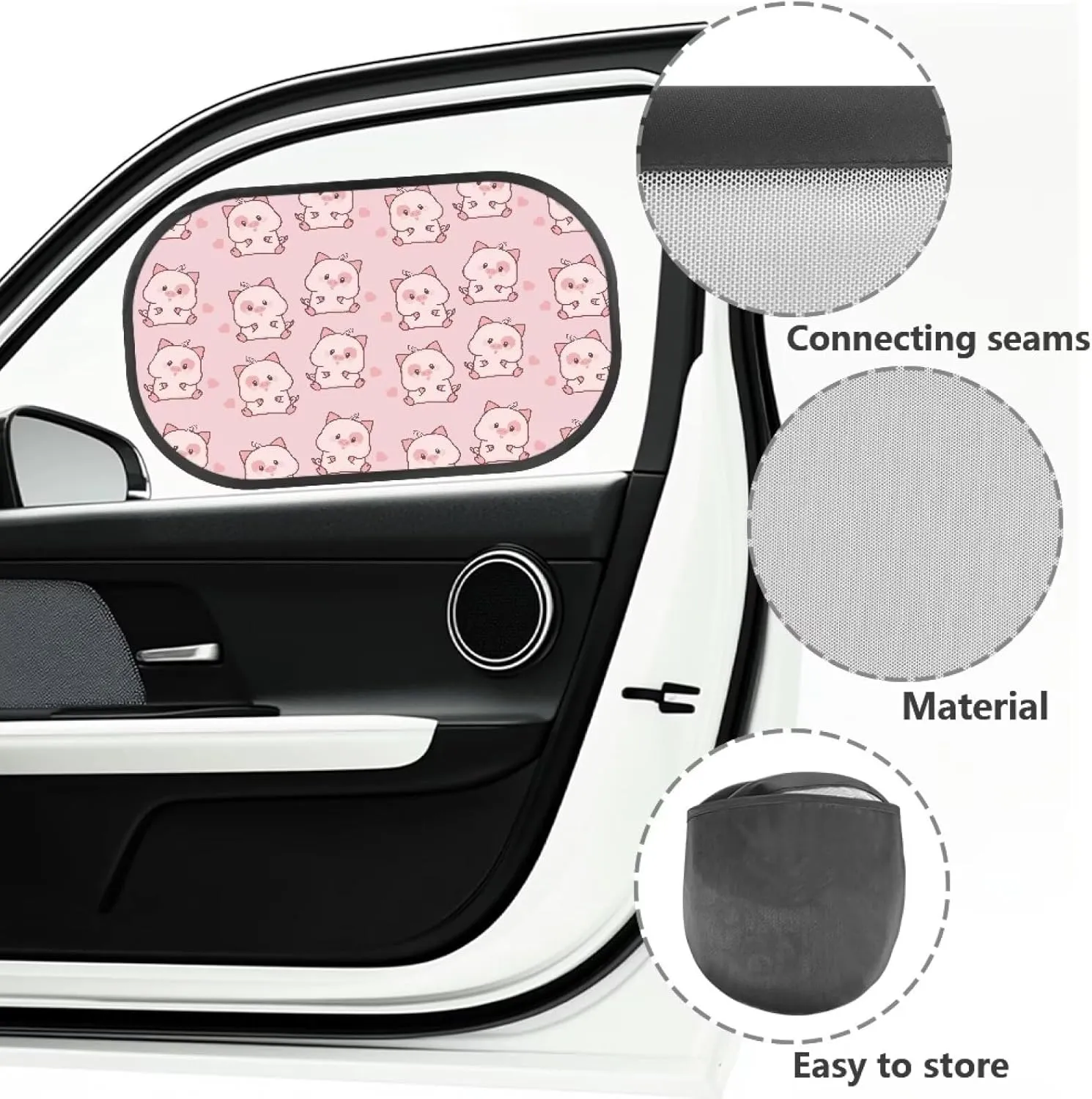 Pink Pig Love Car Sun Shade for Baby Kids 2 Pack Cling Side Window Car Rear Sunshades Universal with Storage Bag Sun Glare and UV Rays Protection