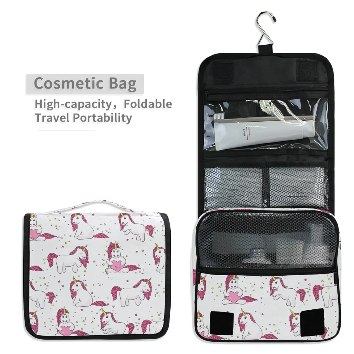Pink White Magical Unicorns with Yellow Stars Pink Heart on White Travel Cosmetic Bag, Hanging Toiletry Wash bag, Portable Makeup Organizer Brush Case, Storage Bag with Hook for Bathroom Toilet