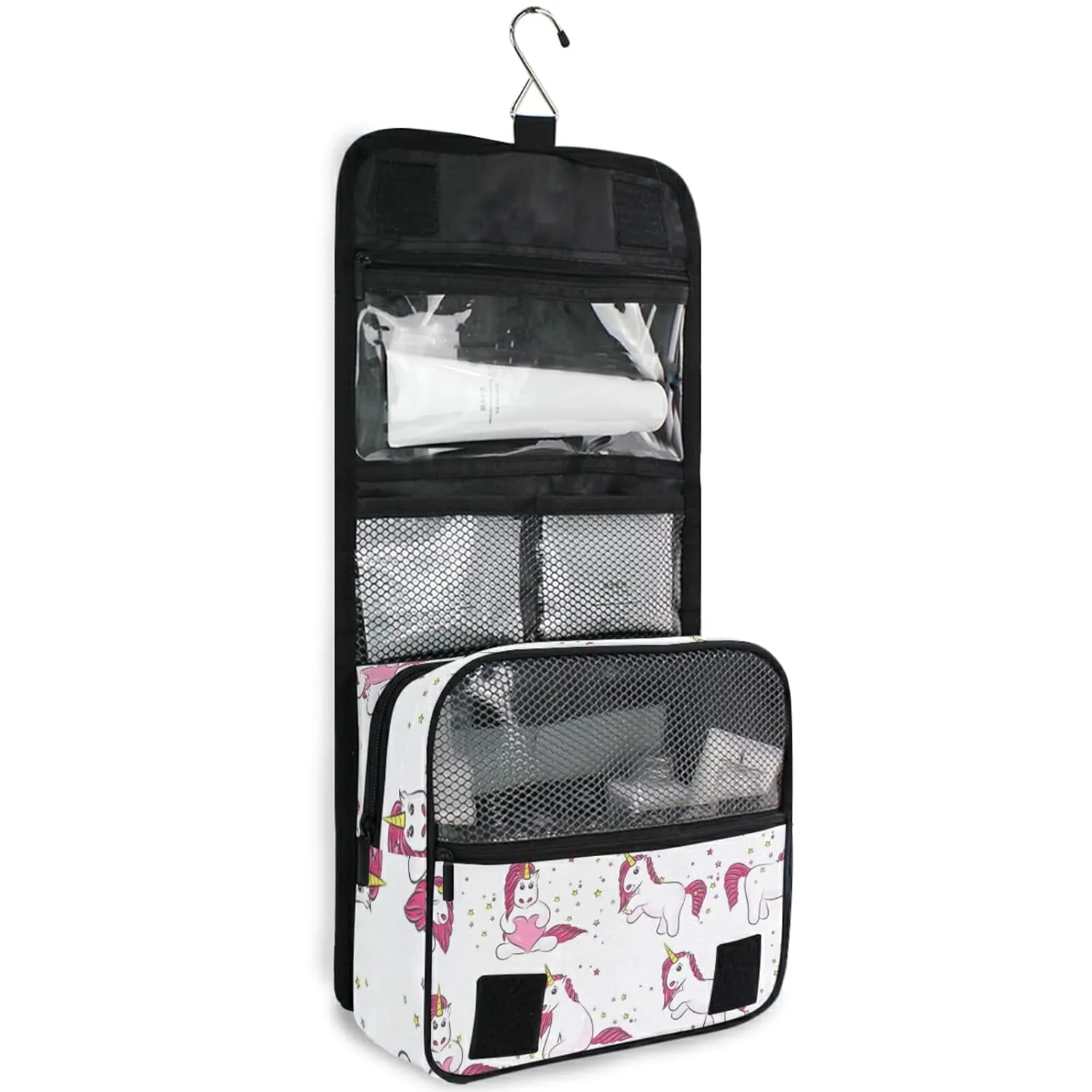 Pink White Magical Unicorns with Yellow Stars Pink Heart on White Travel Cosmetic Bag, Hanging Toiletry Wash bag, Portable Makeup Organizer Brush Case, Storage Bag with Hook for Bathroom Toilet