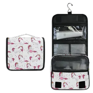Pink White Magical Unicorns with Yellow Stars Pink Heart on White Travel Cosmetic Bag, Hanging Toiletry Wash bag, Portable Makeup Organizer Brush Case, Storage Bag with Hook for Bathroom Toilet