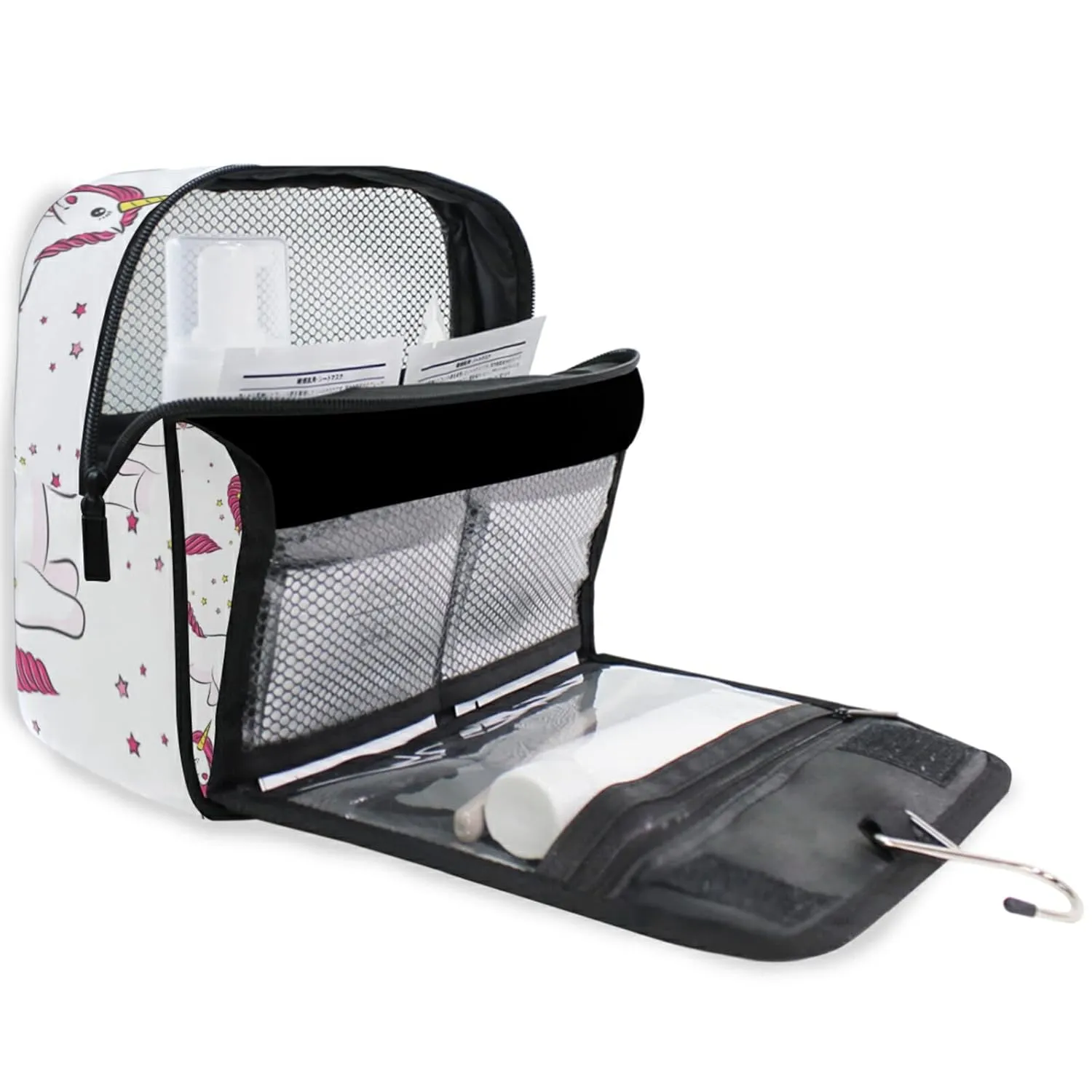 Pink White Magical Unicorns with Yellow Stars Pink Heart on White Travel Cosmetic Bag, Hanging Toiletry Wash bag, Portable Makeup Organizer Brush Case, Storage Bag with Hook for Bathroom Toilet