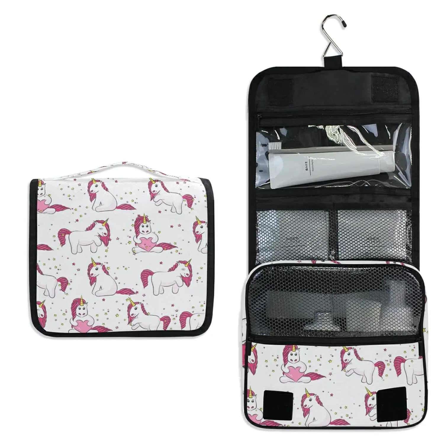 Pink White Magical Unicorns with Yellow Stars Pink Heart on White Travel Cosmetic Bag, Hanging Toiletry Wash bag, Portable Makeup Organizer Brush Case, Storage Bag with Hook for Bathroom Toilet