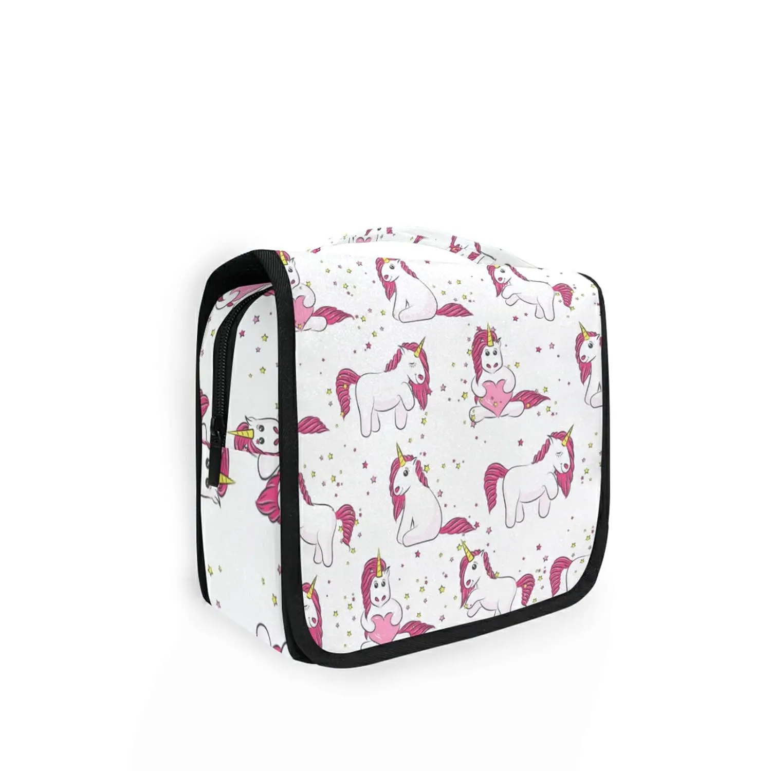 Pink White Magical Unicorns with Yellow Stars Pink Heart on White Travel Cosmetic Bag, Hanging Toiletry Wash bag, Portable Makeup Organizer Brush Case, Storage Bag with Hook for Bathroom Toilet
