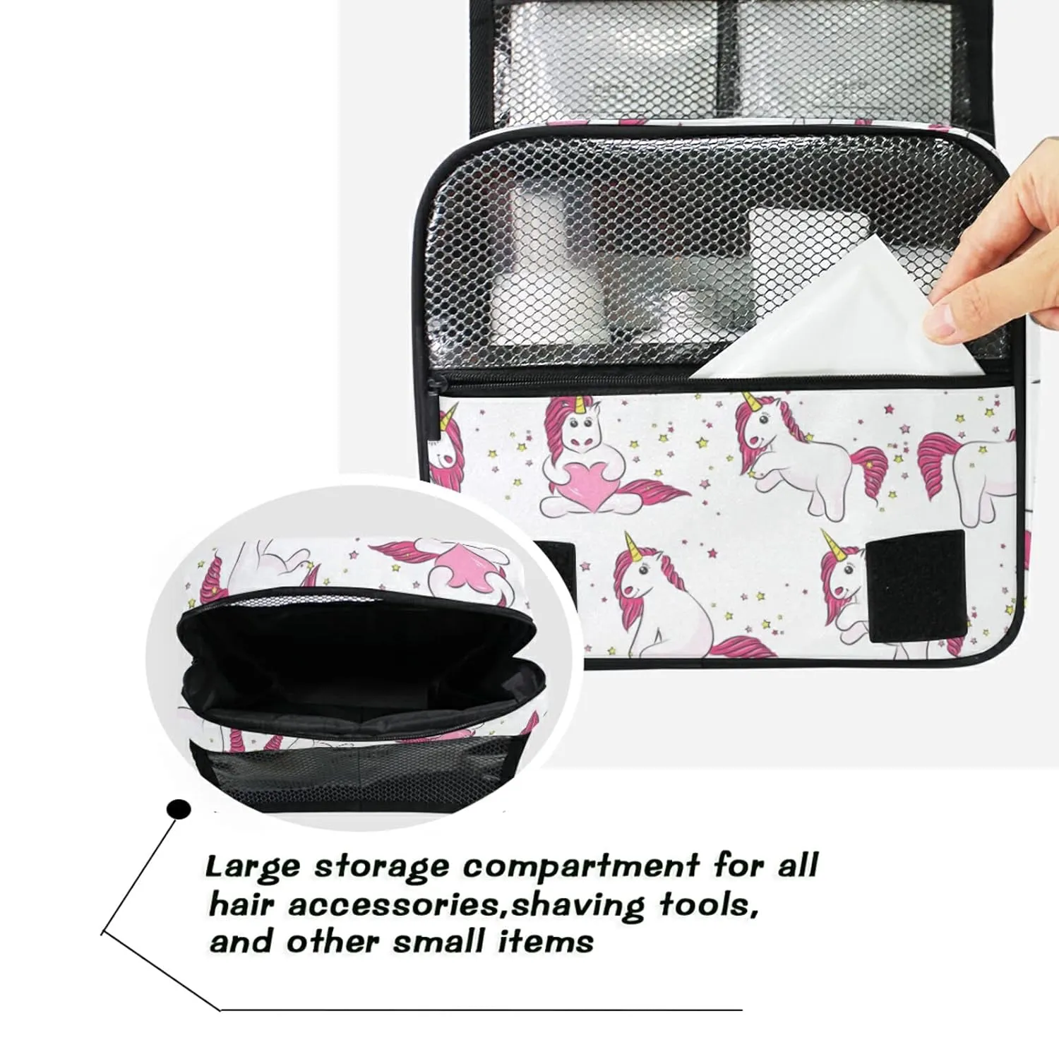 Pink White Magical Unicorns with Yellow Stars Pink Heart on White Travel Cosmetic Bag, Hanging Toiletry Wash bag, Portable Makeup Organizer Brush Case, Storage Bag with Hook for Bathroom Toilet