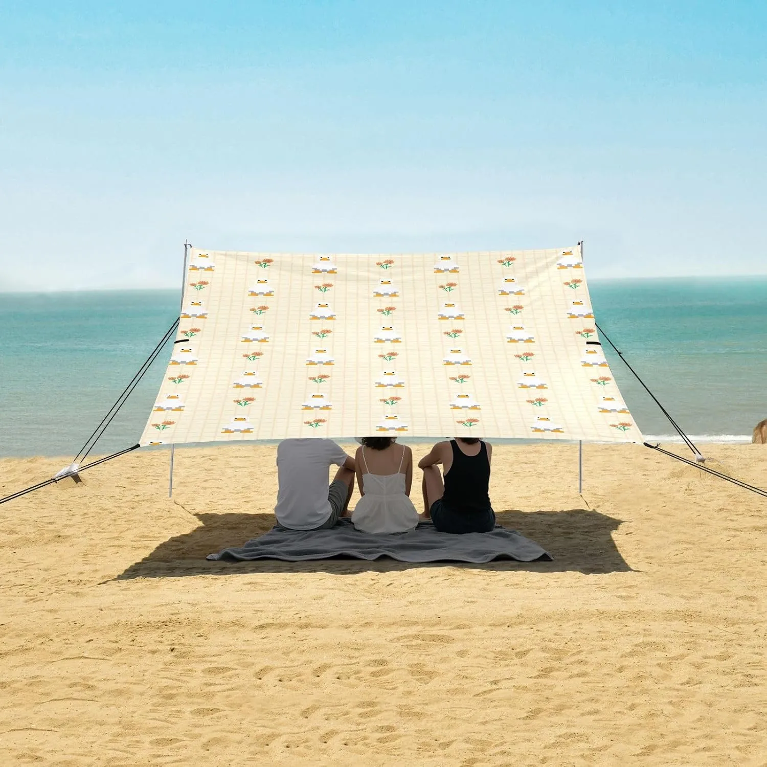 Pixel Duck Cartoon Beach Canopy Tent Anti-UV & Wind Resistant, Camping Sun Shelter Easy Setup Portable,Outdoor Shade Tents with Sandbags,Sand Shovels,Ground Pegs & Stability Poles