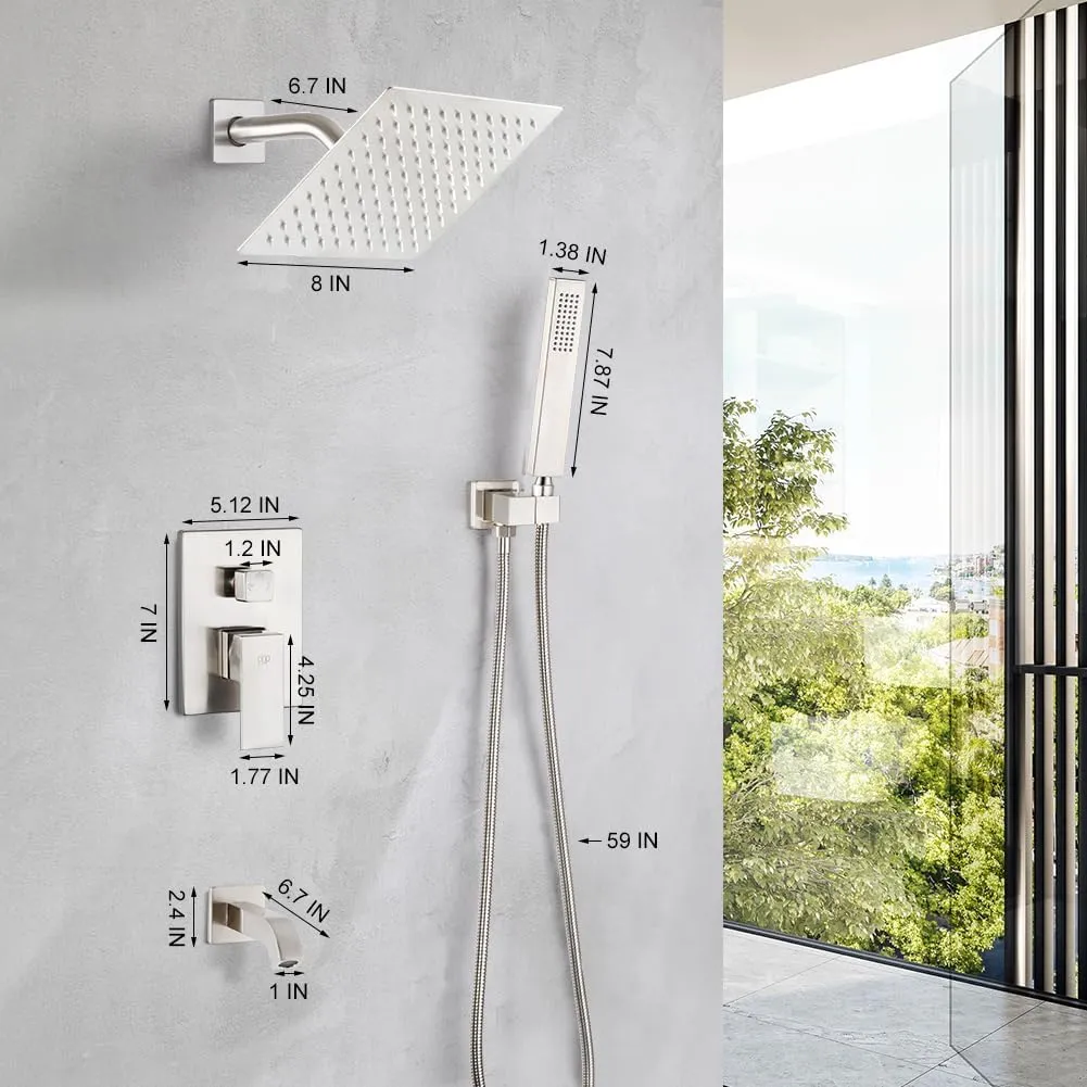 POP SANITARYWARE Shower Tub Faucet Set Brushed Nickel Bathroom 8 Inch Shower Head System with Tub Spout Wall Mounted Singe Handle Tub and Shower Trim Kit with Valve