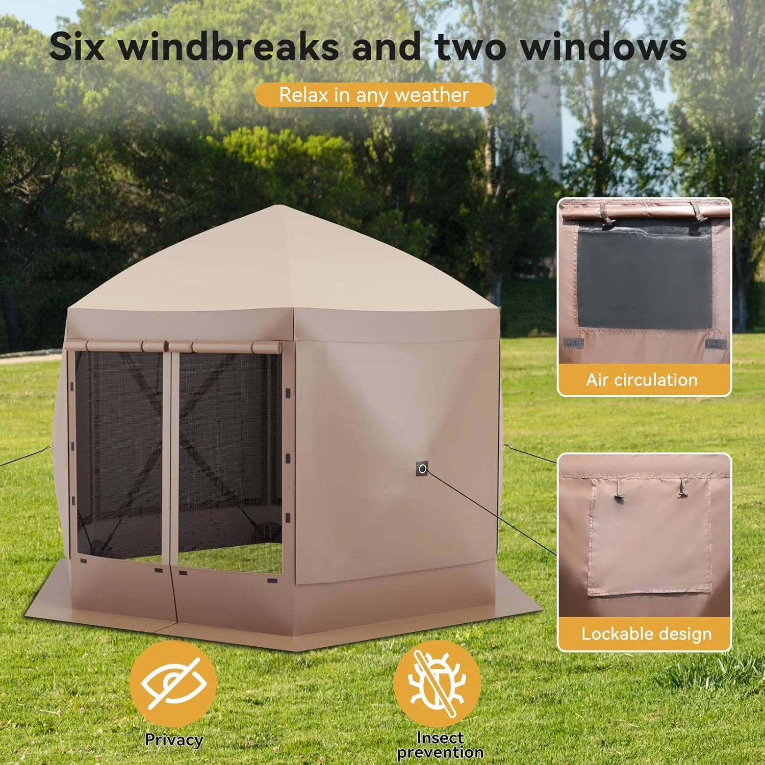 Pop Up Canopy Tent 6 Person Instant 10 x 10 ft Outdoor Mesh Screen Camping Gazebo Portable Shelter with Portable Carry Bag for Outdoor Camping, Beach, Picnic, Lawn and Backyard, Brown