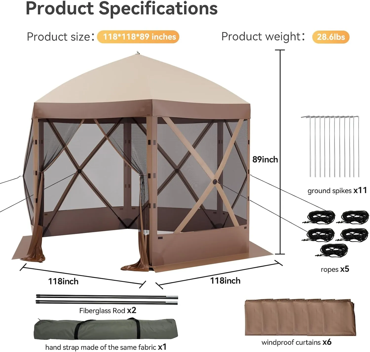 Pop Up Canopy Tent 6 Person Instant 10 x 10 ft Outdoor Mesh Screen Camping Gazebo Portable Shelter with Portable Carry Bag for Outdoor Camping, Beach, Picnic, Lawn and Backyard, Brown