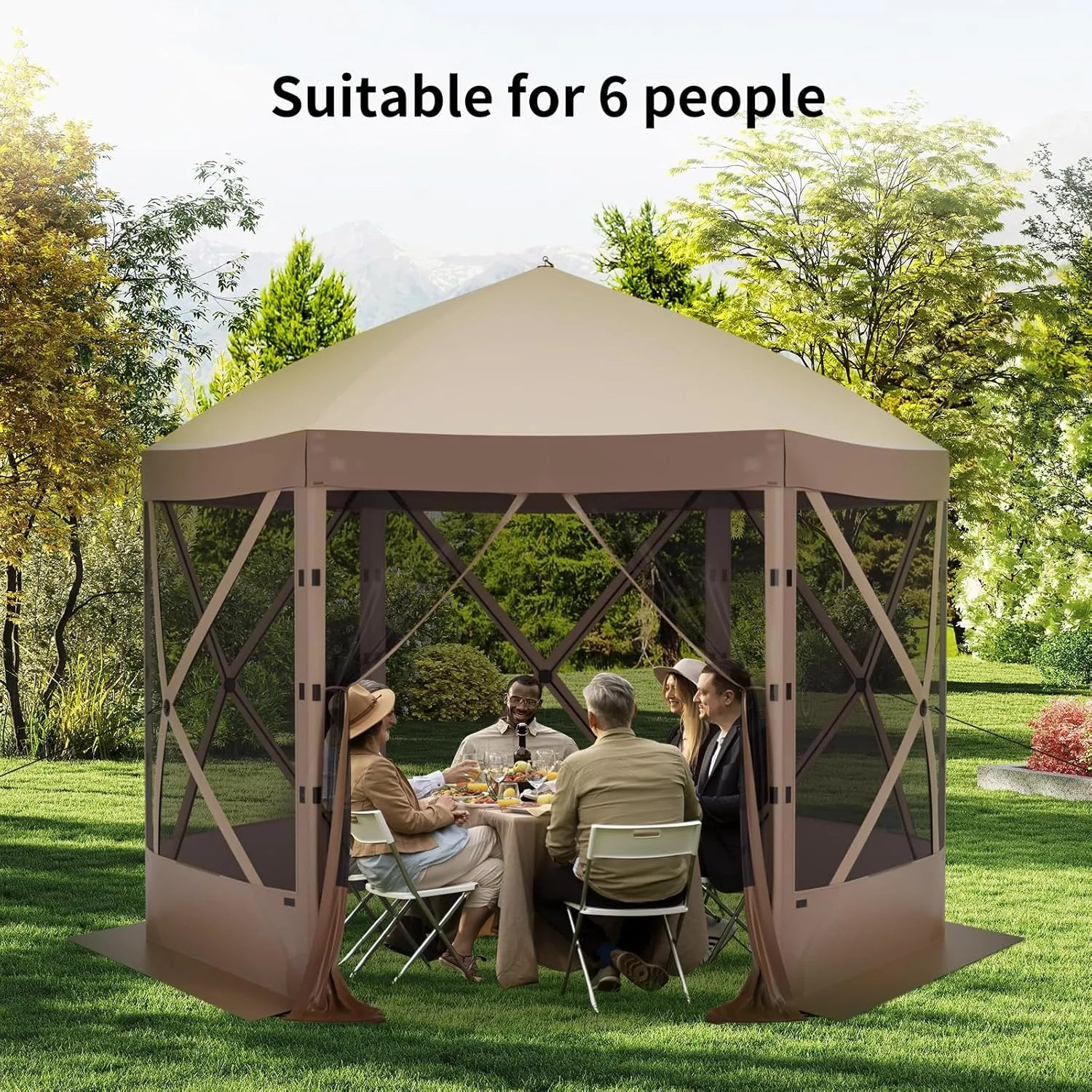Pop Up Canopy Tent 6 Person Instant 10 x 10 ft Outdoor Mesh Screen Camping Gazebo Portable Shelter with Portable Carry Bag for Outdoor Camping, Beach, Picnic, Lawn and Backyard, Brown