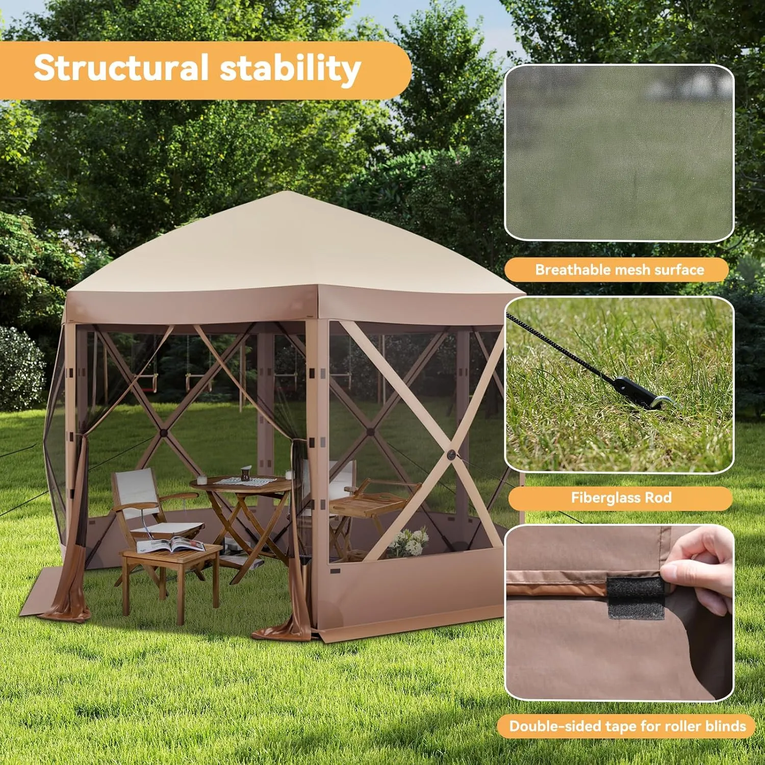 Pop Up Canopy Tent 6 Person Instant 10 x 10 ft Outdoor Mesh Screen Camping Gazebo Portable Shelter with Portable Carry Bag for Outdoor Camping, Beach, Picnic, Lawn and Backyard, Brown