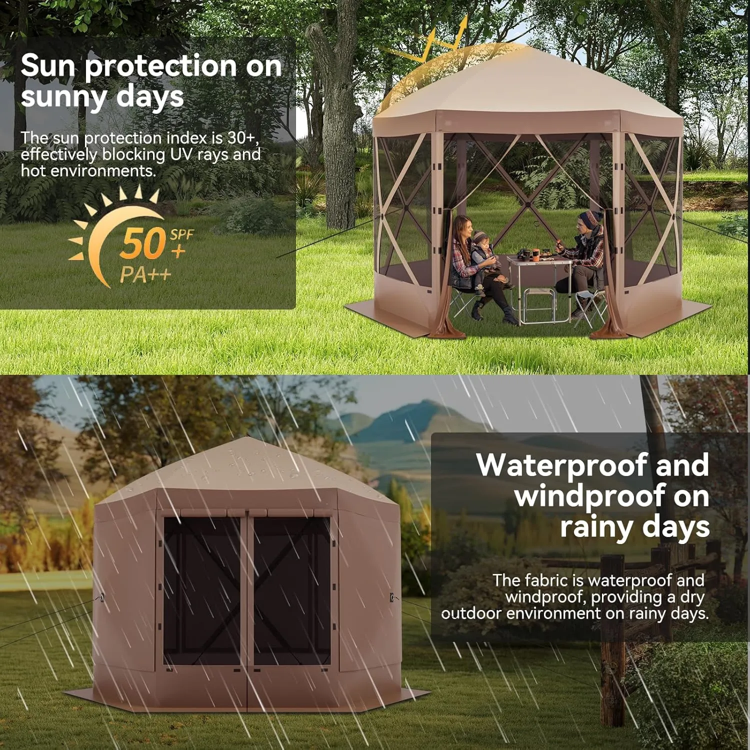 Pop Up Canopy Tent 6 Person Instant 10 x 10 ft Outdoor Mesh Screen Camping Gazebo Portable Shelter with Portable Carry Bag for Outdoor Camping, Beach, Picnic, Lawn and Backyard, Brown
