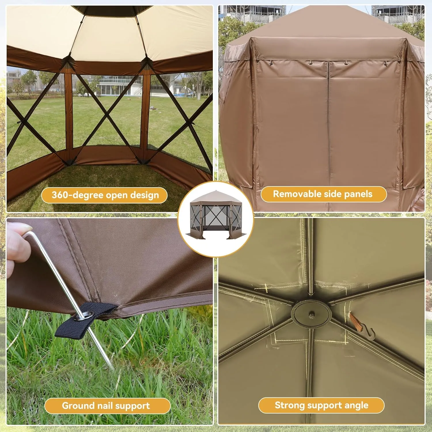 Pop Up Canopy Tent 6 Person Instant 10 x 10 ft Outdoor Mesh Screen Camping Gazebo Portable Shelter with Portable Carry Bag for Outdoor Camping, Beach, Picnic, Lawn and Backyard, Brown