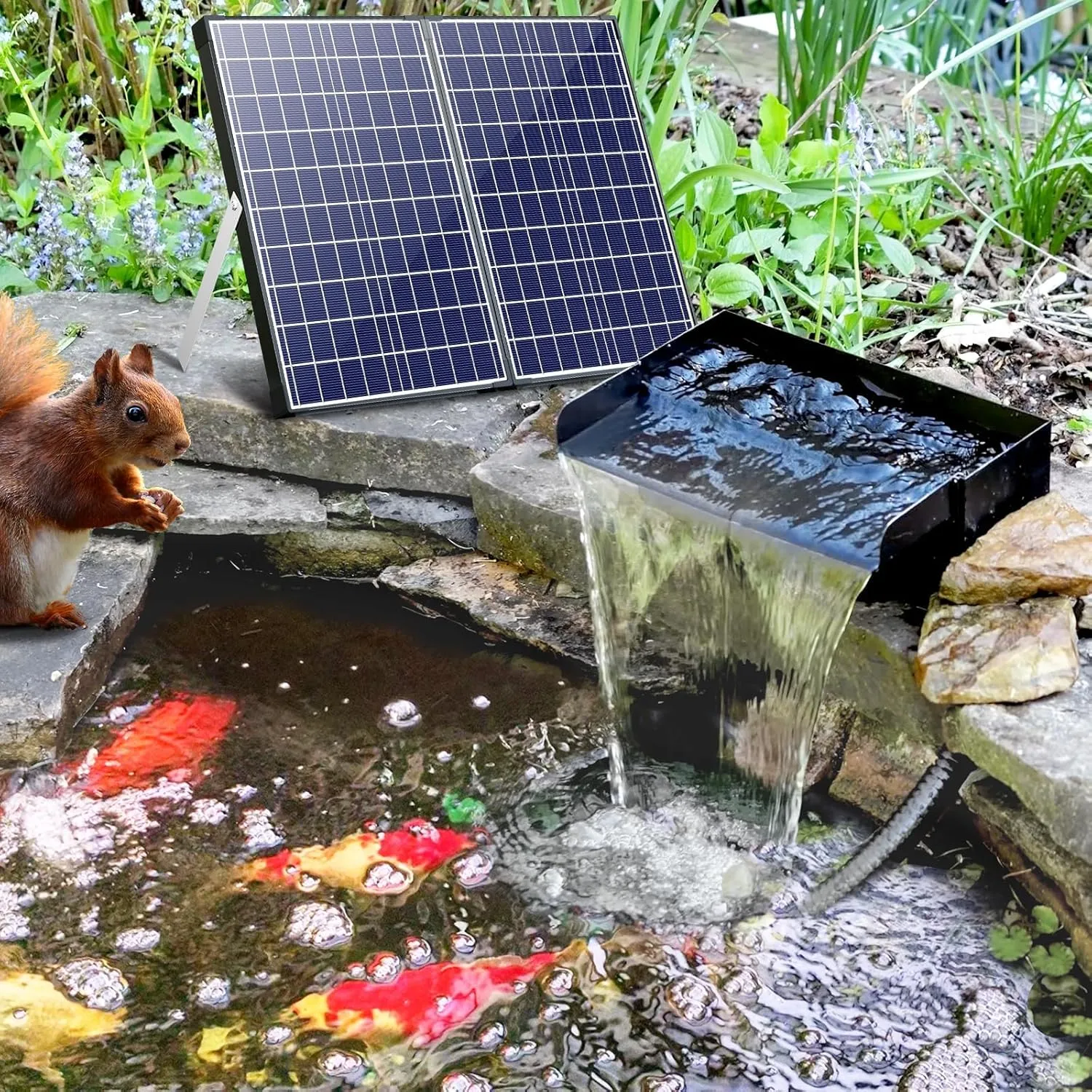 POPOSOAP 55W Solar Fountain Pump with Pond Waterfall Box, 304 Stainless Steel Pond Waterfall Spillway, Pond Spillway with 9.8FT PU Corrugated Tubing for Garden Waterfall,Water Features