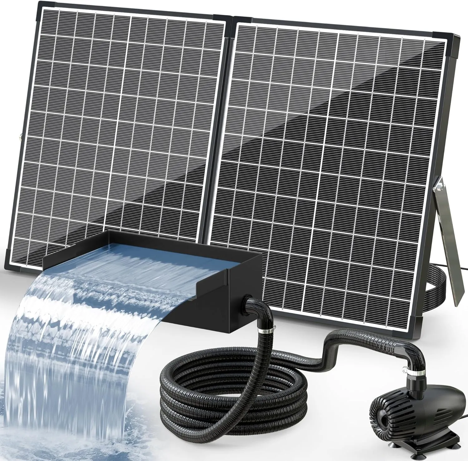POPOSOAP 55W Solar Fountain Pump with Pond Waterfall Box, 304 Stainless Steel Pond Waterfall Spillway, Pond Spillway with 9.8FT PU Corrugated Tubing for Garden Waterfall,Water Features