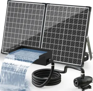 POPOSOAP 55W Solar Fountain Pump with Pond Waterfall Box, 304 Stainless Steel Pond Waterfall Spillway, Pond Spillway with 9.8FT PU Corrugated Tubing for Garden Waterfall,Water Features
