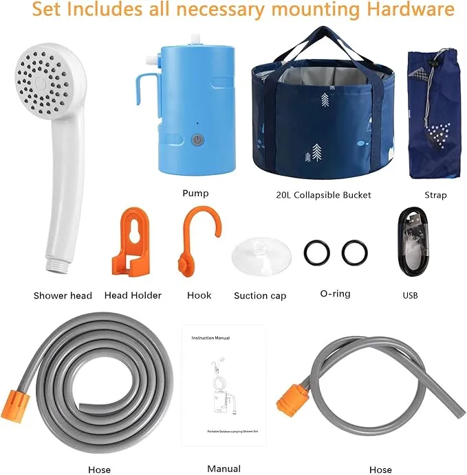 Portable Camping Shower, Built-in 4400mAh, USB Rechargeable IPX7 Waterproof Battery Shower Pump Collapsible Bucket for Family Camp Hiking Backpacking Travel Beach Pet Flowering, Outdoor