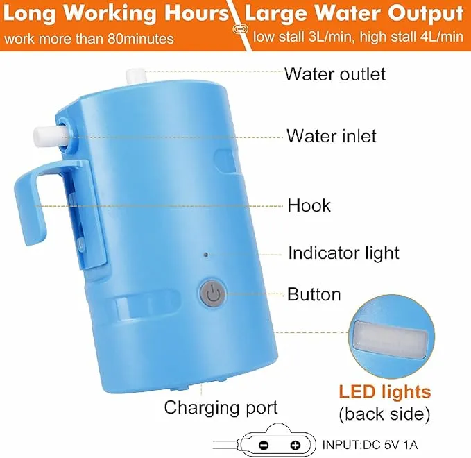 Portable Camping Shower, Built-in 4400mAh, USB Rechargeable IPX7 Waterproof Battery Shower Pump Collapsible Bucket for Family Camp Hiking Backpacking Travel Beach Pet Flowering, Outdoor