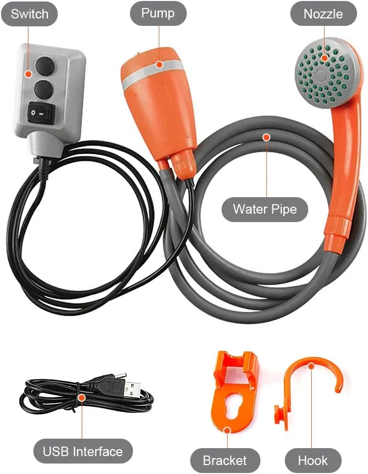 Portable Camping Shower Outdoor Camping Shower Pump Rechargeable Shower Head for Camping Hiking Traveling