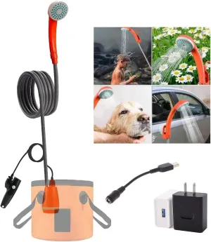 Portable Camping Shower Outdoor Shower Head Pump Shower Handheld Camping Shower Pump is Powered by a Rechargeable Battery or Upgraded to Plug in Directly for use（Upgrade，Orange）