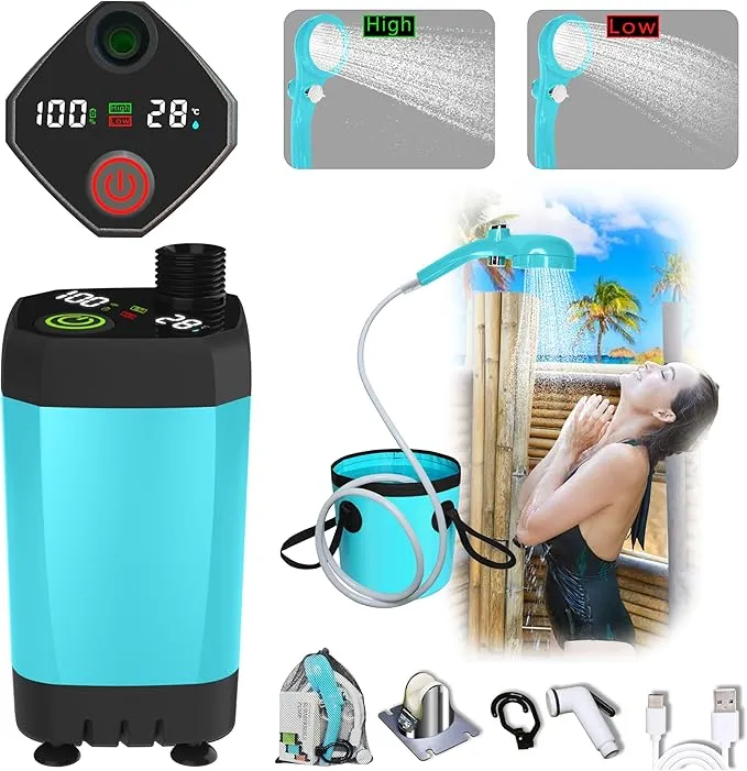 Portable Camping Shower Pump for Traveling: Water Pump with 6000mA Rechargeable Battery & Bucket for Family Camping Trip