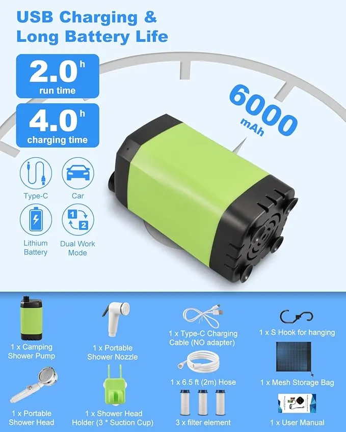 Portable Camping Shower,6000mAh Upgraded Rechargeable Outdoor Camp Shower Pump with Intelligent Digital Display,Camping Shower & Nozzle for Traveling(2 Mode)