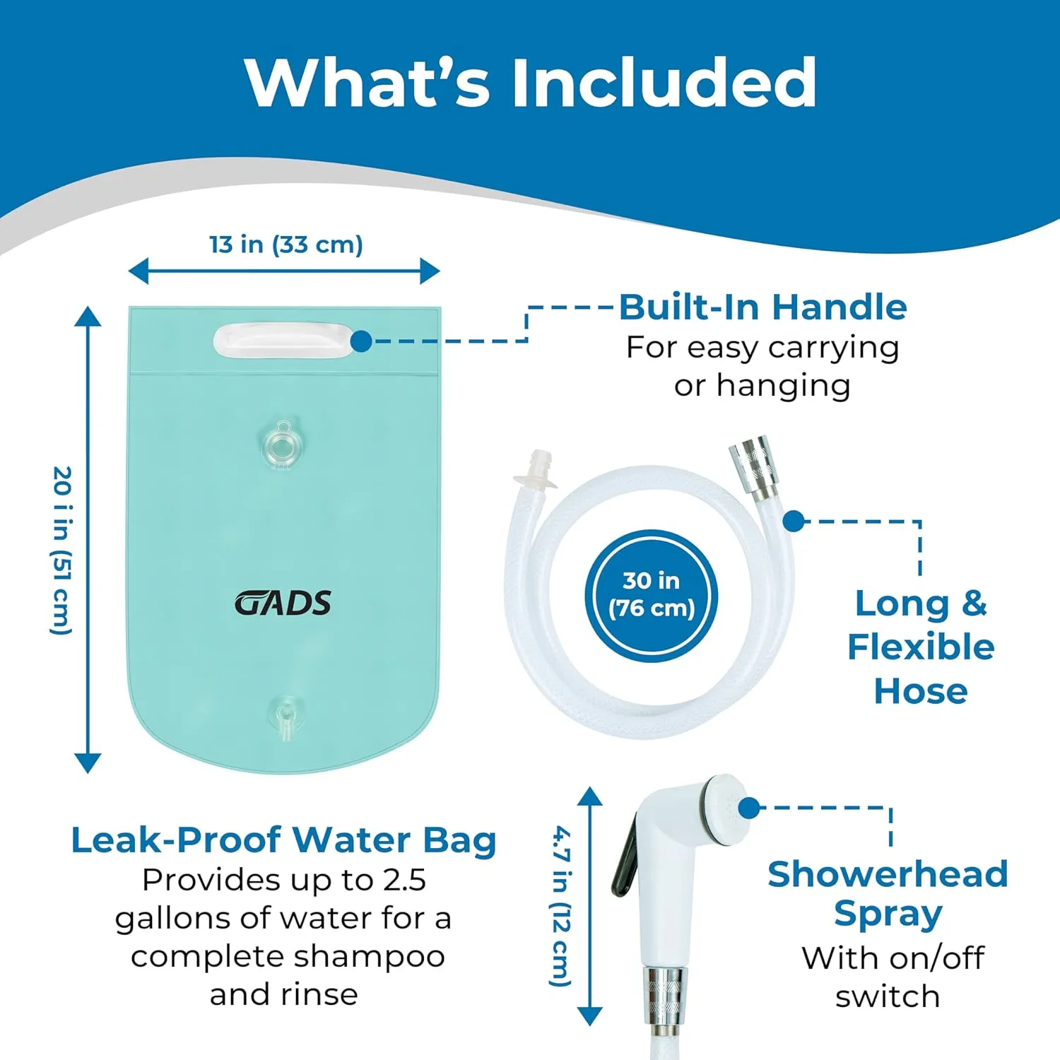 Portable Hair Washing Station, 2.5 GL Bedside Shower Water Bag for Hair Washing in Bed, Use with Inflatable Shampoo Basin, Inflatable Hair Washing Basin, Inflatable Bathtub - Blue