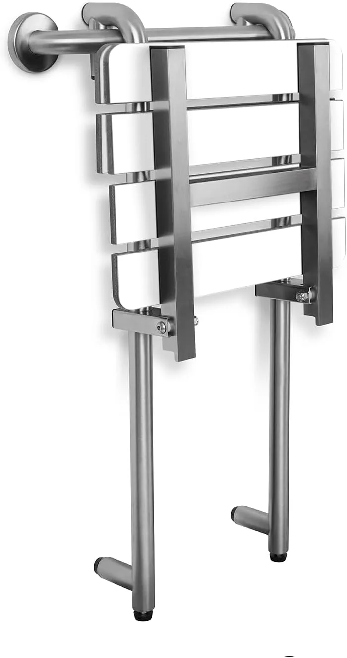 Portable Hanging Profile Bench Shower Seat with 18-inch Grab Bar, Grab Bar Supported, Stainless Steel, White