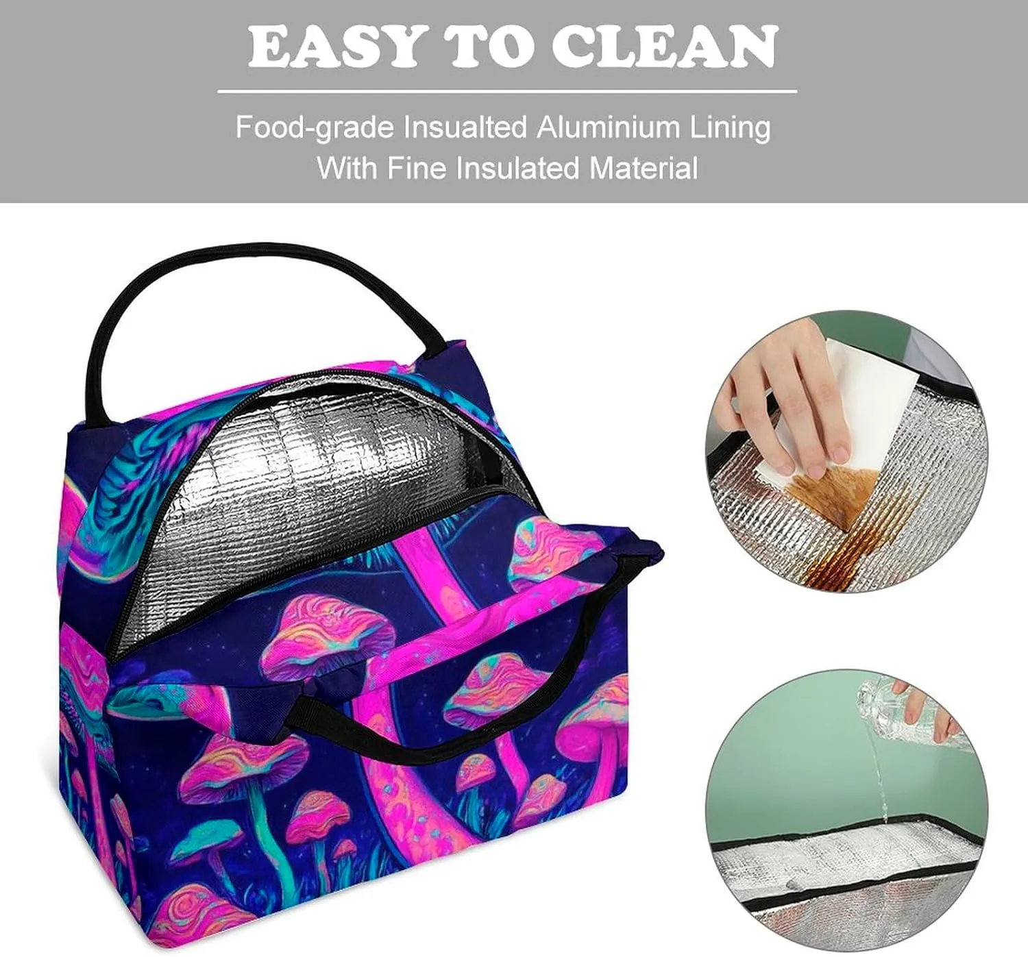 Portable Large Capacity Lunch Tote Bag, Wear-Resistant Oxford Cloth Lunch Box Trippy Mushroom Magic Art Reusable Insulated Meal Bags