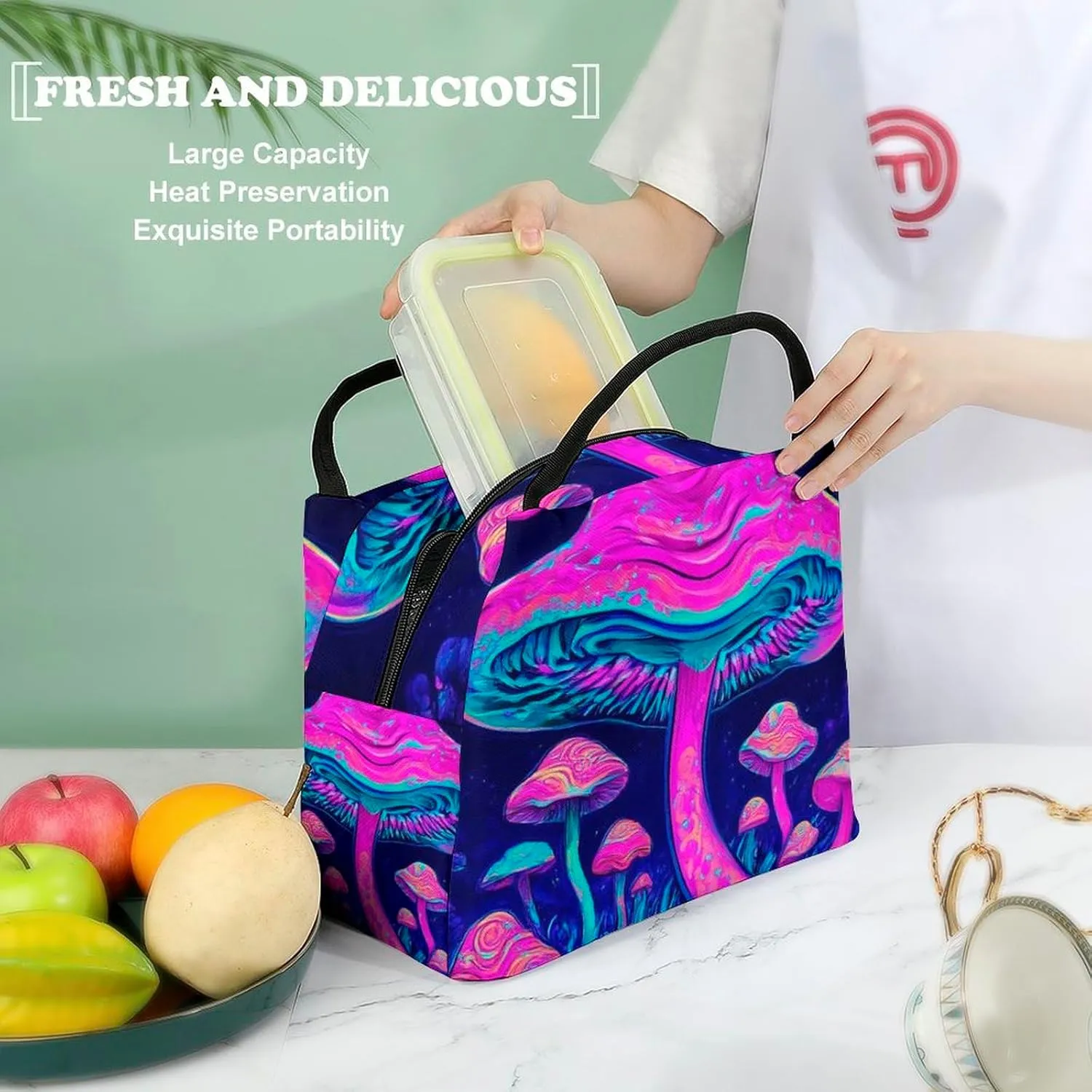 Portable Large Capacity Lunch Tote Bag, Wear-Resistant Oxford Cloth Lunch Box Trippy Mushroom Magic Art Reusable Insulated Meal Bags